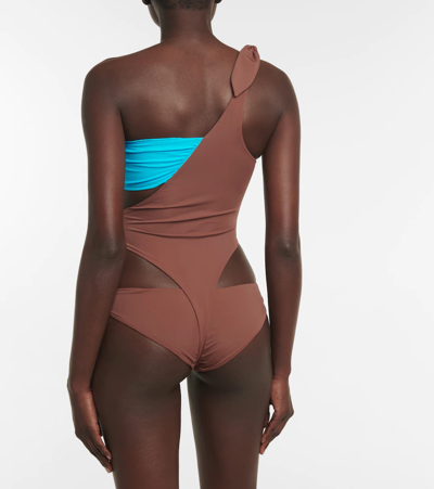 Nensi Dojaka One-shoulder Swimsuit In Brown Blue
