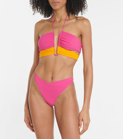 Nensi Dojaka Ruched Halterneck Bikini Top In Pink Orange