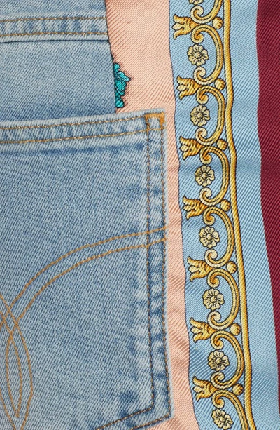 Shop Versace Mixed Media Cutoff Shorts In Medium Blue Multicolor
