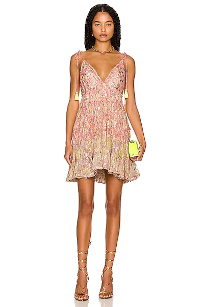 Rococo Sand Tassel Tie-shoulder Tiered Mini Dress In Peach & Butter Yellow