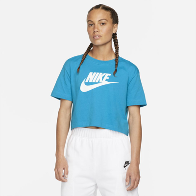 Shop Nike Sportswear Essential Women's Cropped Logo T-shirt In Laser Blue,white