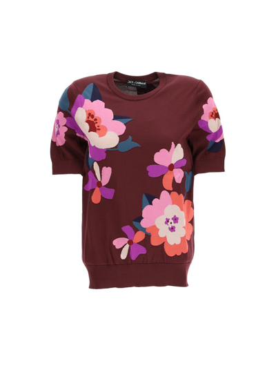 Shop Dolce & Gabbana Floral Pattern Crew Neck Top In Red