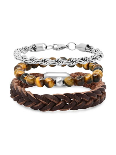 Shop Anthony Jacobs Men's 3-piece Stainless Steel, Leather & Tiger Eye Bracelet Set In Neutral