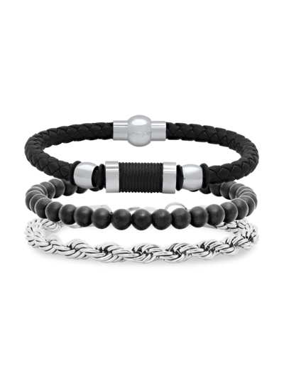 Shop Anthony Jacobs Men's 3-piece Leather Braided, Stainless Steel & Beaded Bracelet Set In Neutral