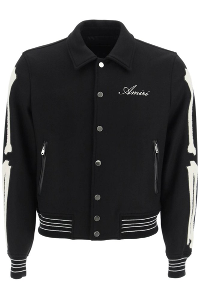 Shop Amiri Bones Buttoned Varsity Jacket In Black