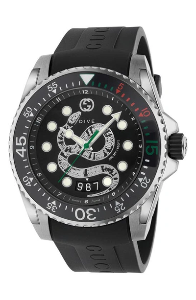Shop Gucci Dive Snake Rubber Strap Watch, 45mm In Black/ Silver