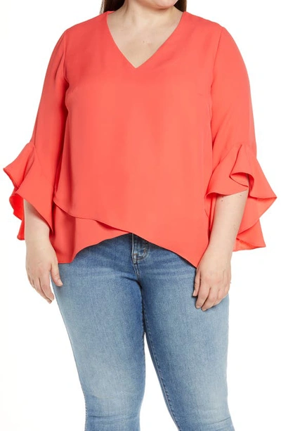 Shop Vince Camuto Flutter Sleeve Crossover Georgette Tunic Top In Radiant Red