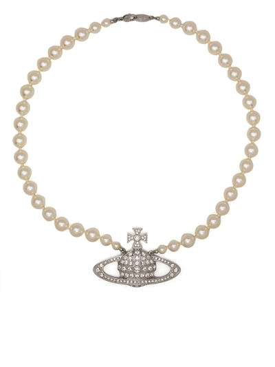 Shop Vivienne Westwood Row-pearl Orb-charm Necklace In White
