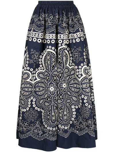 Shop Biyan Floral-embroidered Full Skirt In Blue
