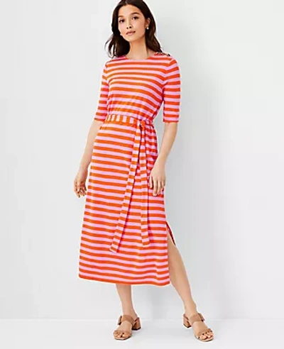Shop Ann Taylor Petite Striped Tie Waist Midi Dress In Orange Spark