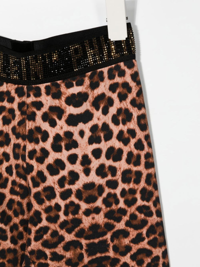 Shop Philipp Plein Junior Leopard-print Rhinestone-logo Trousers In Brown