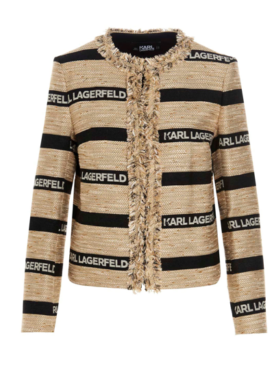 Shop Karl Lagerfeld Logo Tweed Blazer Jacket In Multicolor