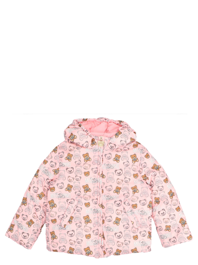 Shop Moschino Logo Print Down Jacket In Pink
