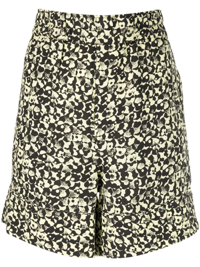 Shop Ganni Floral-print High-waisted Shorts In Black