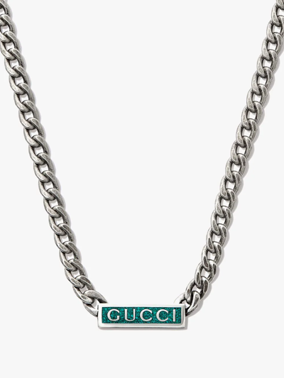 Shop Gucci Logo Plaque Chain Necklace In Silver