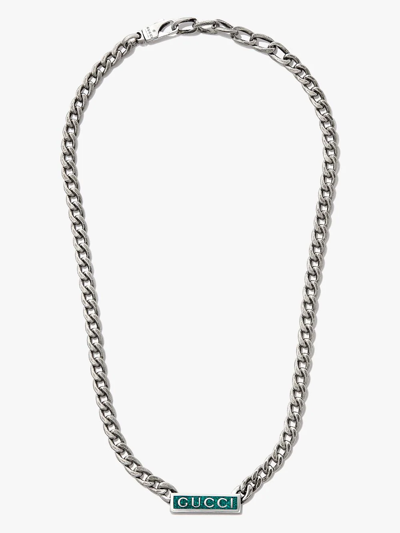 Shop Gucci Logo Plaque Chain Necklace In Silver