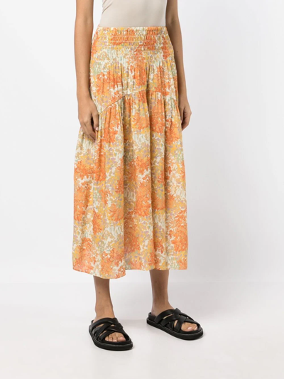 Shop Vince Floral Print Midi Skirt In Orange