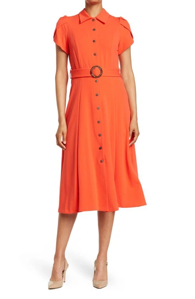 Tulip Sleeve Belted A-line Midi Shirt Dress In Ginger