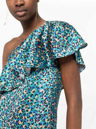 Shop Saint Laurent Leopard-print One-shoulder Dress In Grün