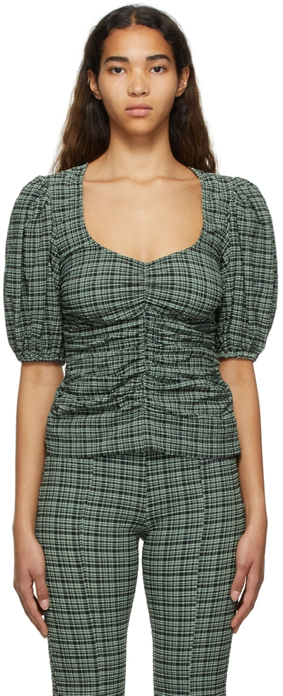 Shop Ganni Green Recycled Polyester Blouse In 246 Mini Check Green