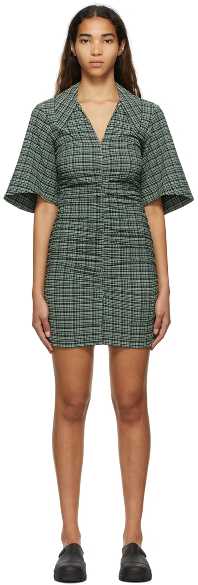 Shop Ganni Green Recycled Polyester Mini Dress In 246 Mini Check Green