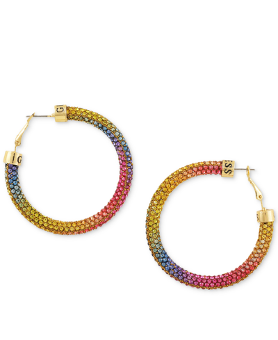 Guess Gold-tone Pave Crystal Ombre Rainbow Sparkle Hoop Earrings, 2" In Gold