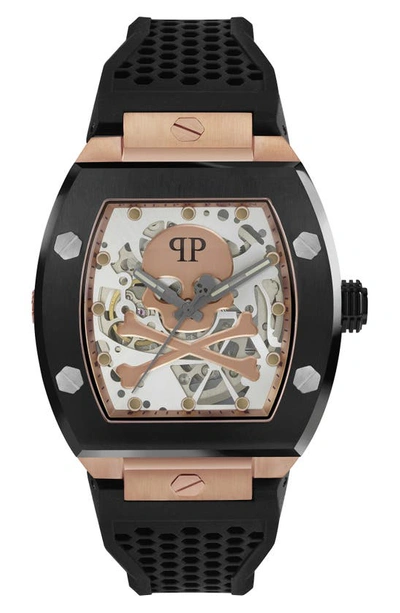 Shop Philipp Plein The $keleton Silicone Strap Watch, 44mm In Rose Gold/ Black