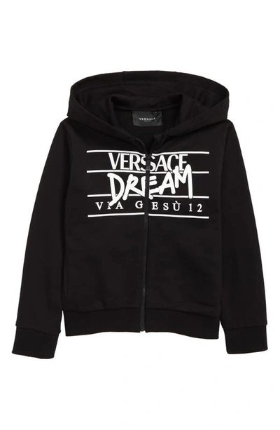 Shop Versace Kids' Dream Via Gesù Logo Cotton Zip Hoodie In 2b020 Nero Bianco