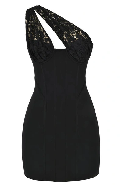 Shop House Of Cb Lily One-shoulder Lace Bodice Cocktail Minidress In Black