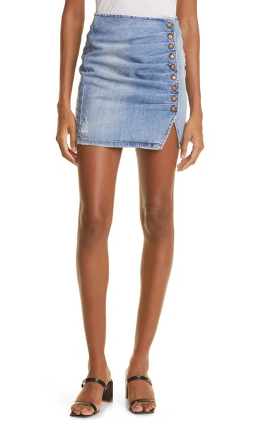 Shop Retroféte Willa Gathered Denim Miniskirt In Light Blue Stone