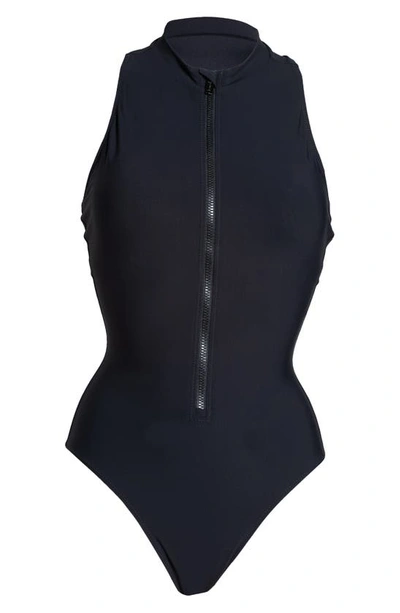 Shop Sweaty Betty Vista High Neck Zip-up One-piece Swimsuit In Black A