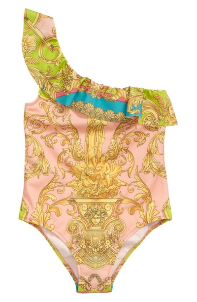 Shop Versace Kids' Barocco Goddess One-shoulder One-piece Swimsuit In 5p370 Mauvelous Citron