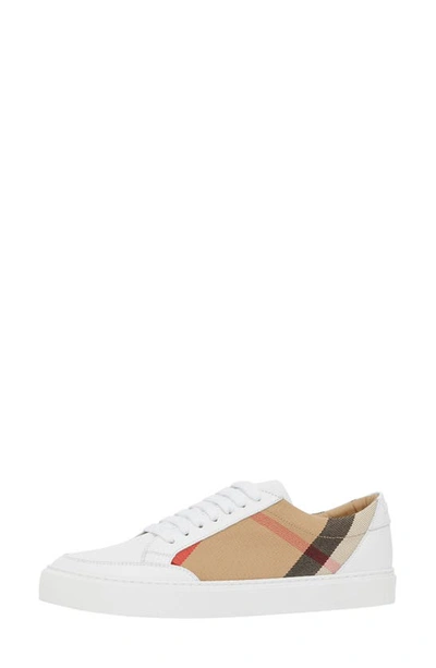Burberry New Salmond Check Leather Sneakers In Optic White