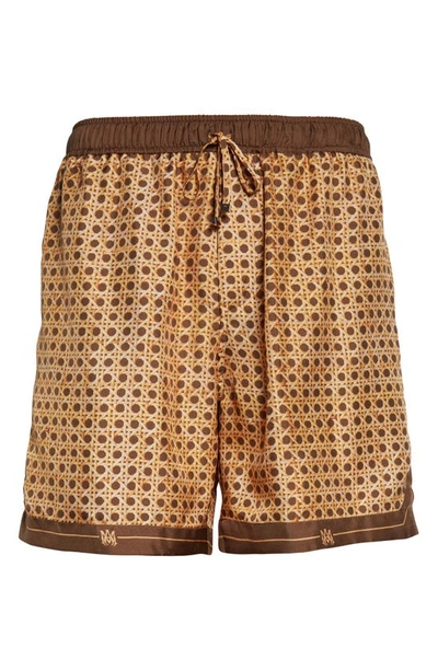 Shop Amiri Hexagonal Weave  Print Silk Shorts In Brown