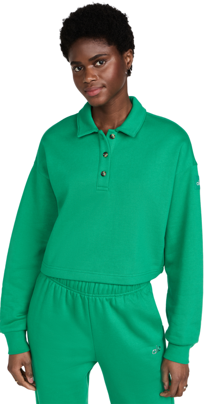 Alo Yoga Polo Henley Fleece Sweater In Green Emerald