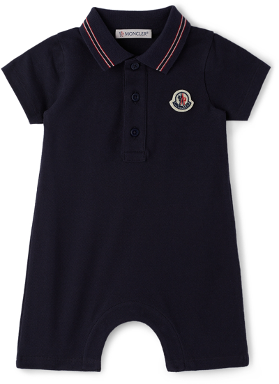 Shop Moncler Baby Navy Logo Patch Romper In 773 Navy