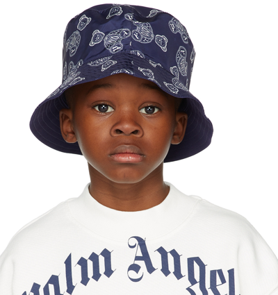 Shop Palm Angels Kids Navy Paisley Bear Bucket Hat In Navy Blue White