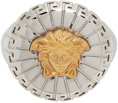 Shop Versace Silver & Gold Medusa Biggie Ring In 4j390 Silver/gold