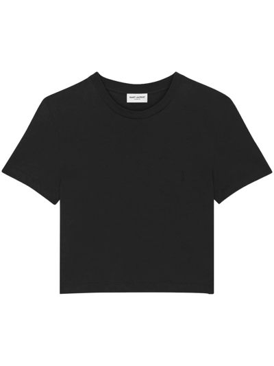 Shop Saint Laurent Embroidered-logo Cropped T-shirt In Black