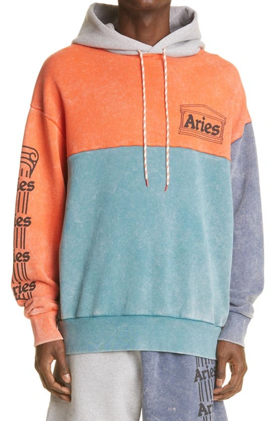 Shop Aries Logo Colorblock Cotton Hoodie In Orange Multi