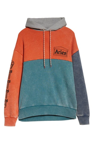 Shop Aries Logo Colorblock Cotton Hoodie In Orange Multi