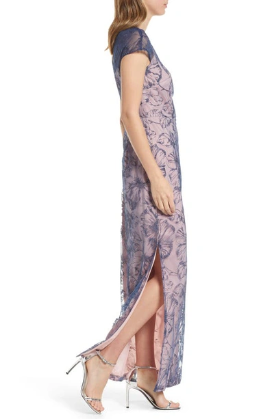 Shop Js Collections Winnie Floral Print Column Gown In Dark Blue/ Blush
