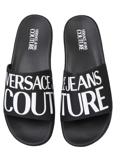 Shop Versace Jeans Couture Logo Print Slipper In Black