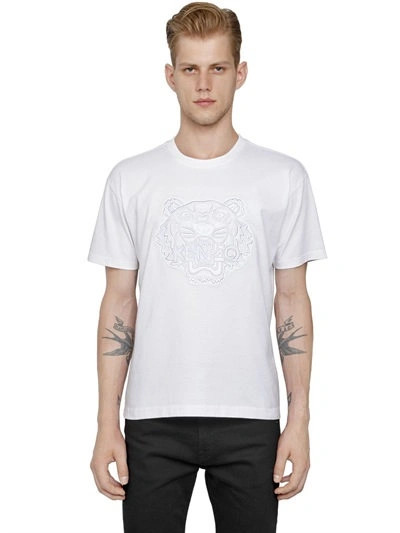 Shop Kenzo Mesh Tiger Embroidered Cotton T-shirt In White