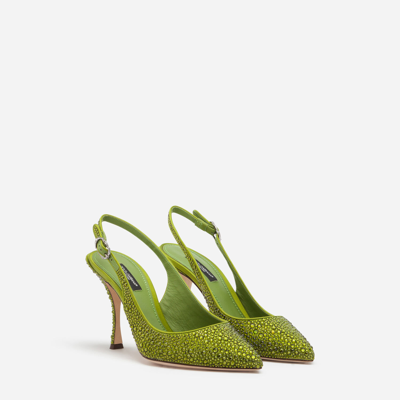 Shop Dolce & Gabbana Satin Slingbacks With Crystal Embellishment In Green