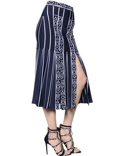 Peter Pilotto Pleated Stretch Viscose Knit Midi Skirt In Blue/white