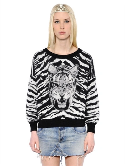 Shop Saint Laurent Cropped Tiger Intarsia Mohair Sweater, Black/white