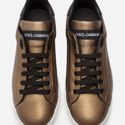 Shop Dolce & Gabbana Metallic Calfskin Nappa Portofino Sneakers In Bronze