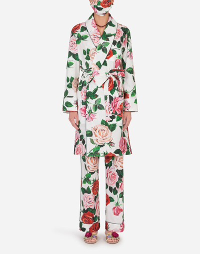 Shop Dolce & Gabbana Rose-print Robe With Matching Face Mask In Floral Print