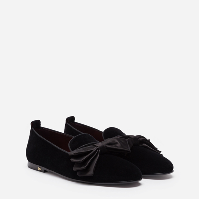 Shop Dolce & Gabbana Velvet Slippers With Satin Bow In Black